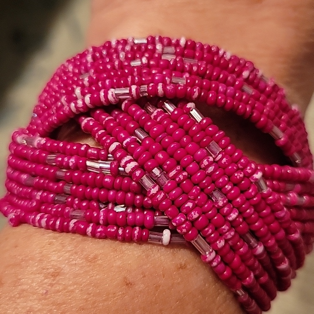 Elegant Pink & Clear Seed Bead Memory Wire Wide Cuff Bracelet Vintage